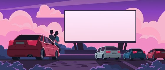 Drive-in romantic cinema. Cartoon couple watching movie in outdoor open space car theater. Hugging couple on date. Landscape with dramatic sunset sky and automobiles. Vector illustration