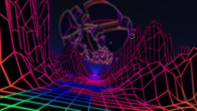 Neon Flight Under Broken Sphere - Journey through a neon space with grid mountains and an exploding moon.