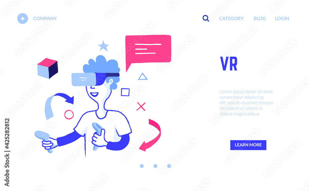 Poster VR landing page. Boy in virtual reality glasses plays digital games with joystick. Website template. Entertaining web service. UI mockup with buttons and copy space, vector interface