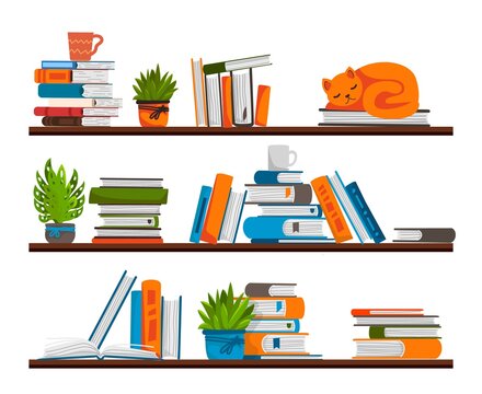 Bookshelves. Shelf in library room. Place for storage books. Rack with stacks of textbooks or notepads, flower pots and coffee cups. Hygge style interior template. Vector furniture
