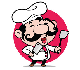 Cartoon cute Italian chef character with big moustache holding spatula and knife on red circle background.