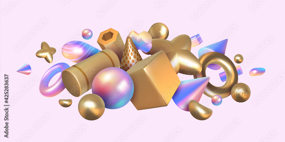 Poster Geometric render background. Abstract holographic or metallic elements. Realistic 3D square and round shapes composition. Glossy figures with gradient texture. Vector iridescent forms