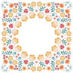 Beautiful frame with embroidered flowers on white background.