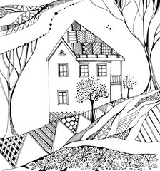 Beautiful fantasy landscape with house and trees. Black and white hand drawn illustration. Coloring book.