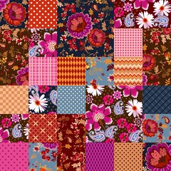 Seamless patchwork pattern with beautiful floral ornaments in folk style. Print for fabric. Vector design. - obrazy, fototapety, plakaty
