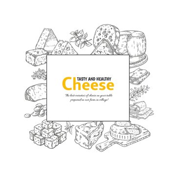 Cheese label. Dairy products hand drawn banner. Pieces or slices of maasdam and parmesan. Square frame with lettering. Farm meal, village cooking ingredients. Vector advertising mockup