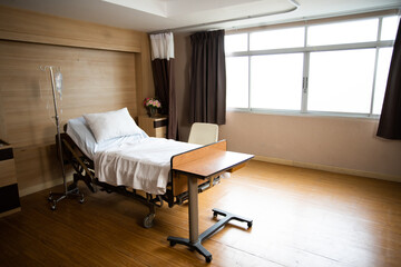 Recovery Room with bed and comfortable medical. Interior of empty hospital room.