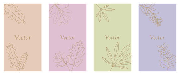 Vector design templates in simple modern style with copy space for text, flowers and leaves. リーフテンプレート、リーフフレームセット