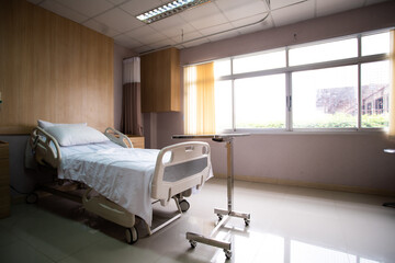 Recovery Room with bed and comfortable medical. Interior of empty hospital room.