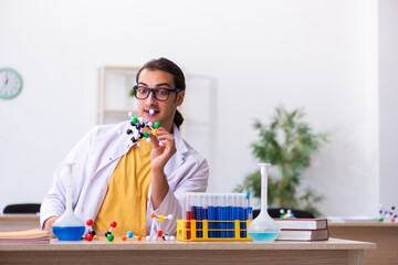 Young male chemist studying molecular model in the classroom