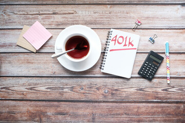 Notepad with word 401k on white background, close up ,