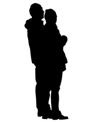 Young man and woman walking down the street. Isolated silhouette on a white background