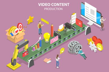 3D Isometric Flat Vector Conceptual Illustration of Video Content Production.
