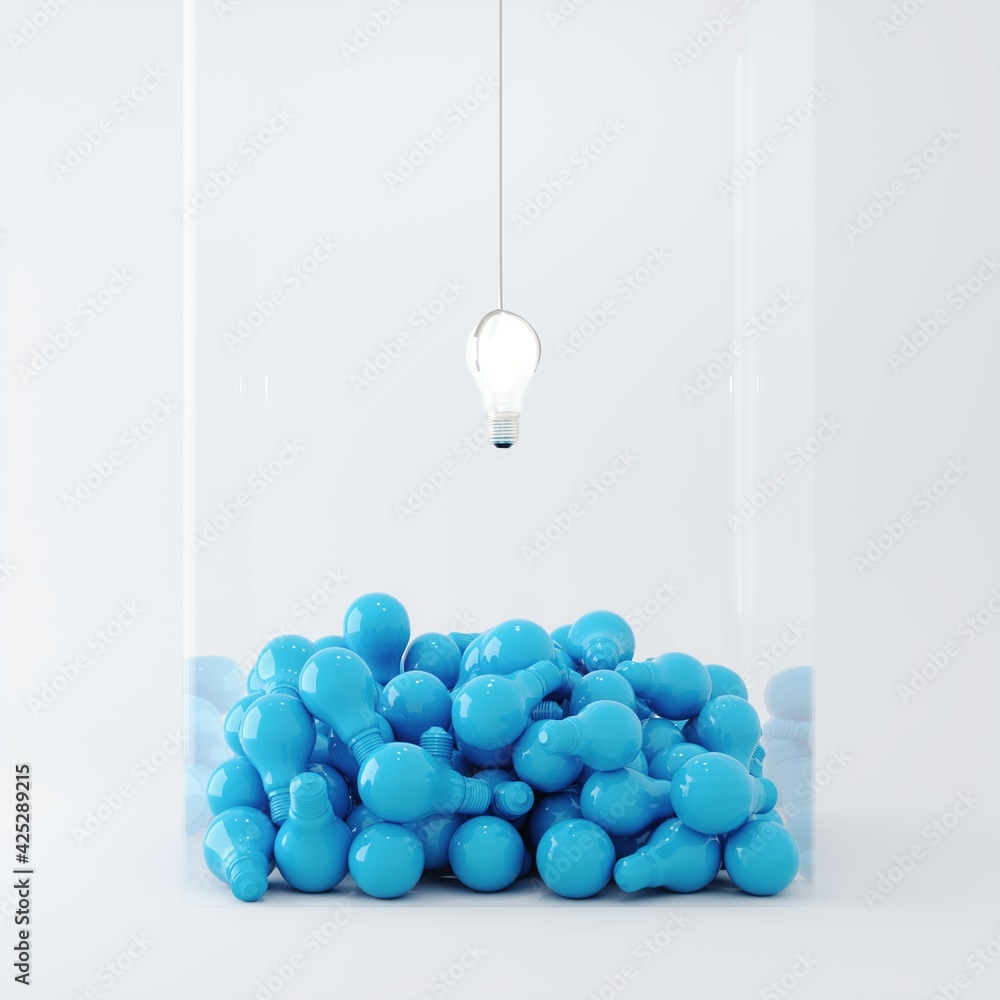 Poster lighting bulb floating on blue color light bulb overlap in glass box on white background. minimal id