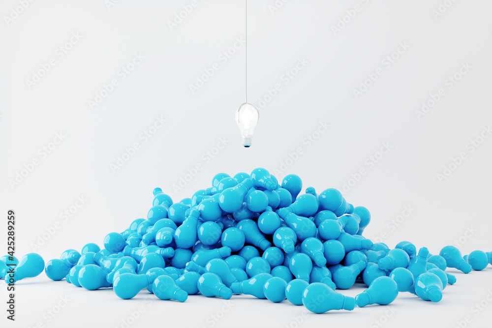 Poster lighting bulb floating on blue color light bulb overlap on white background. minimal idea concept. 3