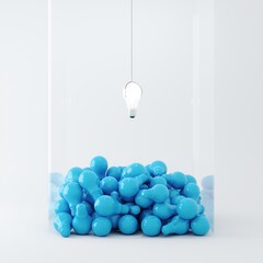 Lighting bulb Floating on blue color light bulb Overlap in glass box on white background. Minimal idea concept. 3D Render. Game machine concept.