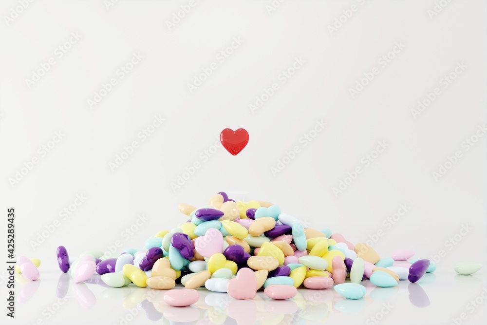 Poster red heart shape floating on pastel color hearts shape overlap on white background. minimal idea conc