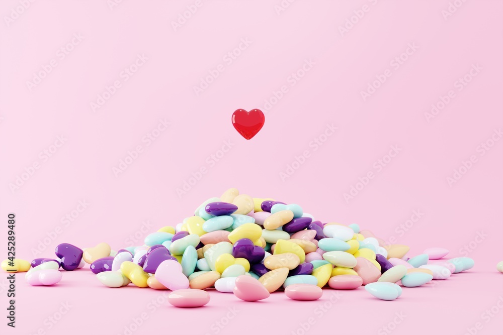 Poster red heart shape floating on pastel color hearts shape overlap on pink background. minimal idea conce