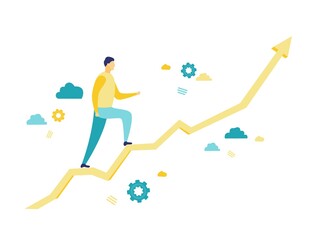 Flat illustration of a businessman climbing yellow arrow graphic on white background. A man who achieves business goals. Vision and business concepts.