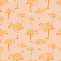 Seamless pattern. Flamingos. Doodle. Contour bird. Contour. Pink flamingo. Orange