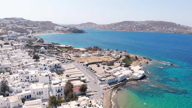 Mykonos aerial view at summer with few people due to covid.
