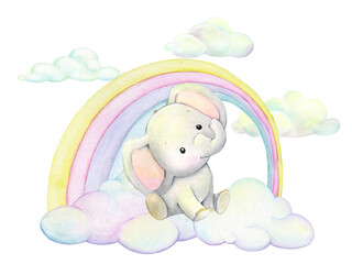 An elephant sitting on clouds, on a background of multicolored rainbows and clouds. Watercolor clip art, in cartoon style, on an isolated background.