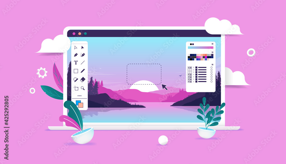 Poster Photo retouching and editing on computer screen - Photo software on laptop with user interface and landscape image. Graphic design concept. Vector illustration.