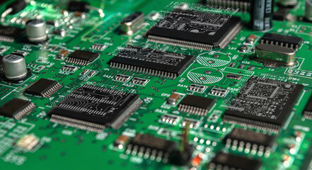 printed circuit board with surface mounted passive and active circuit components close up