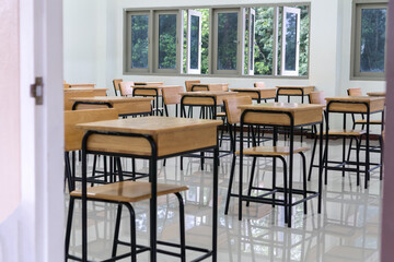 School empty classroom no childrens when COVID-19 disease outbreak and closed quarantine, no pupils...