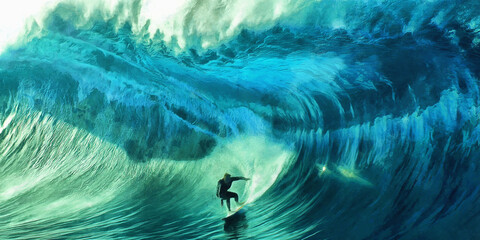Surfer on the crest of a wave. Layers of turquoise and blue paints. Artistic work - obrazy, fototapety, plakaty