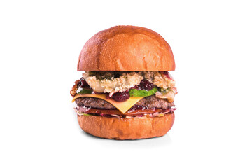 Very luscious air bun and marbled beef. Delicious beef burger decorated on a white background.
