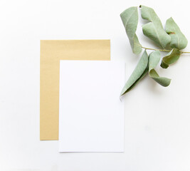 Vertical greeting card, postcard, invitation with envelope mock up on white background. Flat lay with eucalyptus.