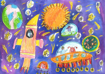 WatercoloWatercolor children drawing space planet rocketr children drawing space planet rocket