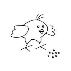 Hand-drawn black vector illustration of one fun chicken with corns isolated on a white background for coloring book