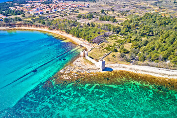 Island of Vir waterfront and fortress ruins aerial view