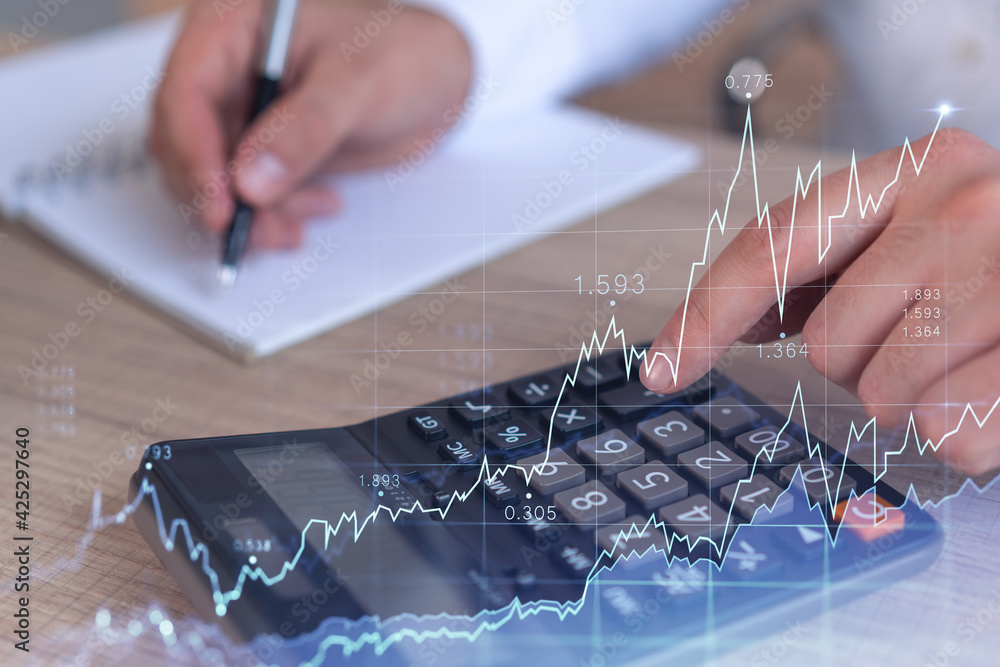 Poster a trader computing historic data to predict stock market behavior. internet trading concept. forex a