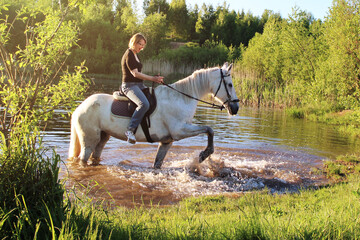 Elderly woman on a white horse in a pond enjoying a beautiful day-Concept of love between people and animals-Horse is a noble animal