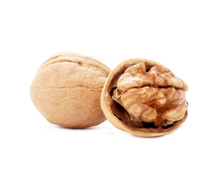 Walnuts isolated on a white background. Half and whole walnut. Close up. Macro.