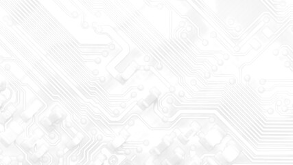 White texture background of printed circuit board. Computer technology background. Information tech. Space for text. Gray scale pcb background.