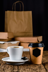 Blank paper cup of coffee and coffee. Takeaway fastfood delivery concept