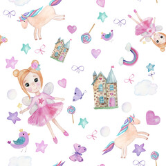 Seamless hand painted watercolor background with faires, unicorns, hearts etc.