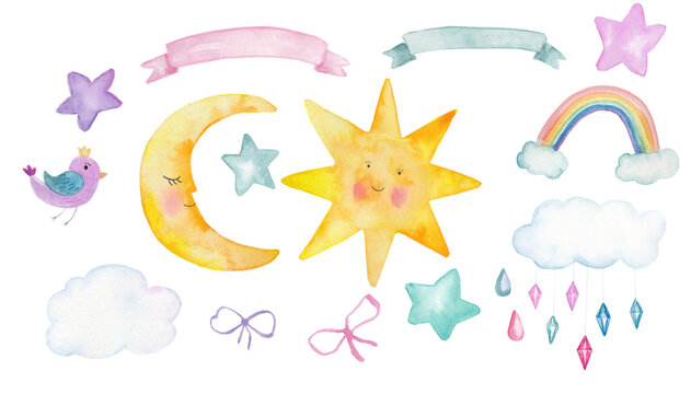 Watercolor handpainted elements sun, crescent, raimbow, clouds, stars , ribbons isolated on white.