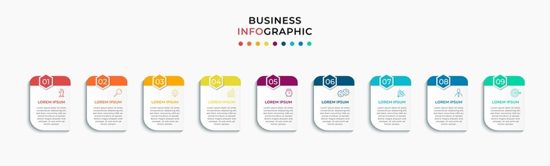 Vector Infographic design business template with icons and 9 options or steps. Can be used for process diagram, presentations, workflow layout, banner, flow chart, info graph