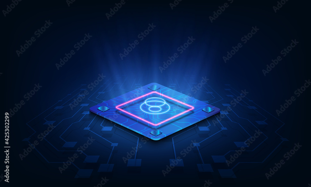 Poster abstract technology chip processor background circuit board and html code,3d illustration blue techn