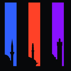 Islamic ornament mosque with minaret silhouette for Eid Mubarak greeting card. Vector in line art style in Eos 8