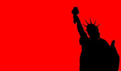 Silhouette of statue of liberty on a red background. Background on theme of USA. Statue of Liberty as a symbol of US. Place for an inscription. Red background on theme of freedom in USA. © Grispb