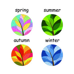 Set of seasons illustrations for logo, background, banner. Round tree illustrates each of four seasons: spring, summer, autumn, winter. Vector EPS 10