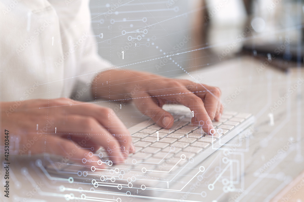 Poster woman typing the keyboard to create innovative software to change the world and provide a completely