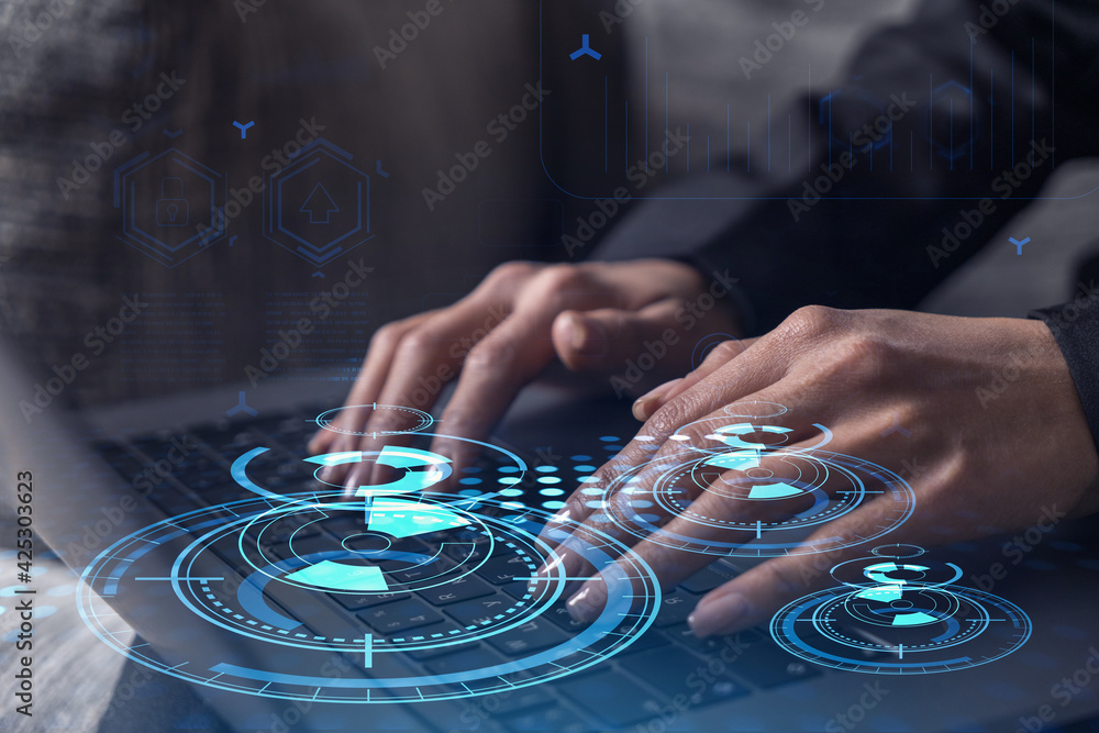 Poster woman typing the keyboard to create innovative software to change the world and provide a completely