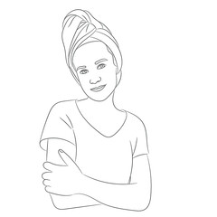 Sketch portrait of a girl with a turban of a towel on her head, portrait of a girl after taking a shower